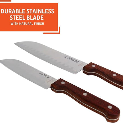 IMUSA, 2pc 5" & 7" Santoku Knife Set w/Wood Handle, Stainless Steel Kitchen Cooking Knifes