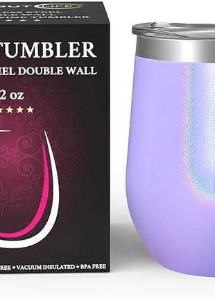 CHILLOUT LIFE 12 oz Stainless Steel Wine Tumbler with Lid - Double Wall Vacuum Insulated Wine Cup Glass Keeping Cold & Hot for Coffee, Champagne, Cocktails, Ice Cream - Purple Sparkle