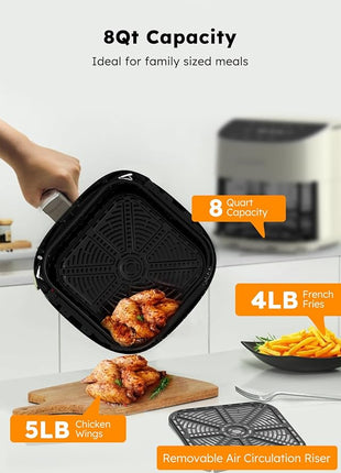 Nuwave Brio Plus 8 Qt Air Fryer, PFAS Free, New & Improved, Digital Touch Screen, Cool White Display, 50°F~400°F in Precise 5°, 5 Cook Functions, 100 Presets & 50 Memory, 3 Wattages 700, 1500, 1800