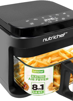 Nutrichef 5.8 Quart Air Fryer | 8-1 Preset Cook Modes | Transparent Fry Bowl for Best Cooking Results | Cook Shrimp, Steak, Fries, Wings, Chicken & More | Precise Temperature Control & Time | Grey
