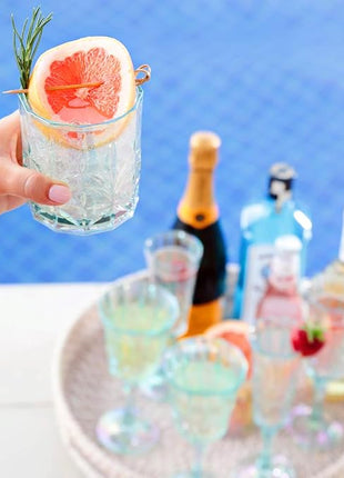 BELLAFORTE Shatterproof Tritan Plastic Short Tumbler, Set of 4, 13oz - Myrtle Beach Unbreakable Crystal Cut Old Fashioned Drinking Glasses for Whiskey - BPA Free - Dishwasher Safe - Teal