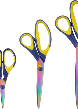 BambooMN Titanium Softgrip Scissors Set for Sewing, Arts, Crafts, Office - Blue w/Yellow - 30 Sets of 3