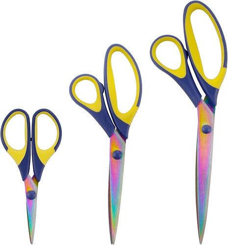 BambooMN Titanium Softgrip Scissors Set for Sewing, Arts, Crafts, Office - Blue w/Yellow - 1 Set of 3