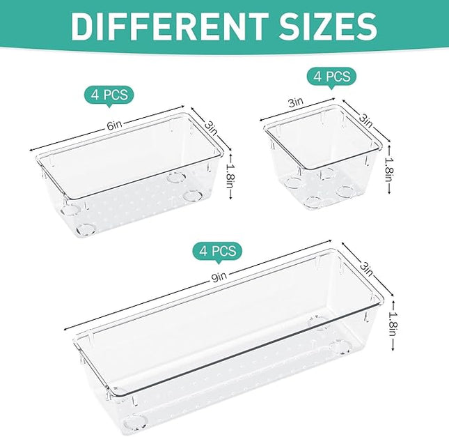 WOWBOX 12 Pack Clear Drawer Organizer Set, Acrylic Drawer Storage Trays, Storage Bins for Makeup, Cosmetics, Jewelries, Utensils, Gadgets, Office