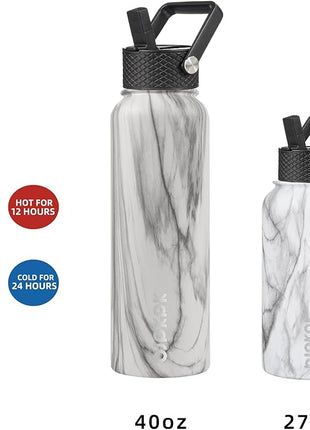 BJPKPK Insulated Water Bottles with Straw Lid, 40oz Stainless Steel Water Bottles with 3 Lids, BPA Free Leakproof Thermo, Tumblers, Cups for Sports, Gym- White Birch