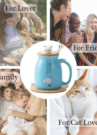 BigNoseDeer Cute Mugs Kawaii Cat Mug Ceramic Coffee Mug Tea Cup with Infuser and Lid Spoon Tea Mug Cute Cool Preppy Stuff Gifts for Women (Blue 13oz)
