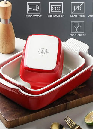 Sweejar Baking Pans Set, Ceramic 9x13 Baking Dish with Handle, Rectangular Casserole Dishes for Oven, Bakeware Sets of 3, Durable Lasagna Pan Deep for Kitchen, Banquet, Wedding Gift(Red)
