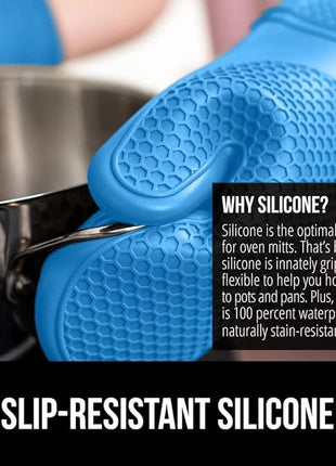 GORILLA GRIP BPA-Free Soft Silicone Oven Mitts, Heat Resistant and Waterproof Cooking Gloves, Thick Cotton Lining, Flexible Gripping for Baking Grilling, Kitchen Potholders Set of 2, 12.5x8.3, Aqua