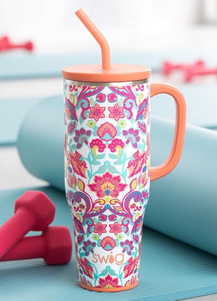 Swiglife 40oz Mega Mug, 40oz Tumbler with Handle and Straw, Extra Large Insulated Tumblers, Cup Holder Friendly Travel Mug (Flourish)