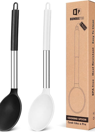Pack of 2 Large Silicone Cooking Spoon Non Stick Solid Basting Spoons Heat-Resistant Kitchen Utensils for Mixing Serving (Black-White)