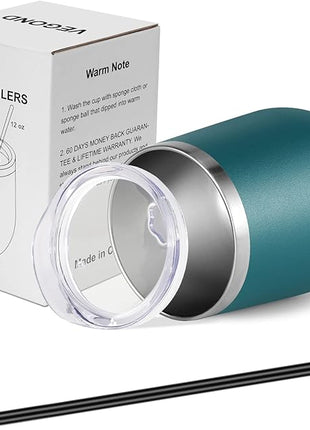 VEGOND 12oz Stainless Steel Wine Tumbler with Lid and Straw, Double Wall Vacuum Insulated Stemless Wine Glass Tumbler Cup, Coffee Mug for Cold Hot Drinks