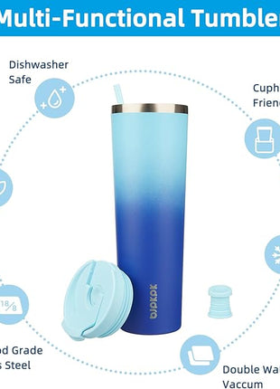 BJPKPK 34oz Insulated Tumbler With lid And Straw Stainless Steel Tumblers Travel Coffee Mug Reusable Thermal Cup,Sky