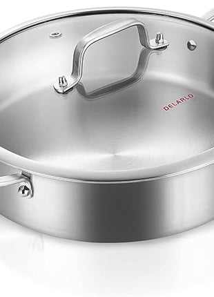 DELARLO Stainless Steel Pans,6QT Saute Pan,12 inch Everyday Pan with Lid,Dishwasher-Friendly Braiser,Stay-Cool Handles,Oven-Safe Up to 660℉