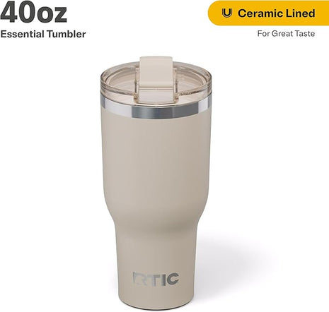 RTIC 40oz Essential Tumbler with Lid, Ceramic Lined, Insulated, Stainless Steel, Metal, Double Wall Vacuum-Insulation, Travel Cup for Iced Coffee, Tea, Hot and Cold Drink, Beach