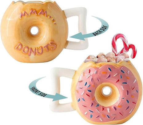 Comfify Ceramic Donut Mug – Pink Glaze with Sprinkles – Funny “MMM... Donuts!” Quote – 14 oz Coffee Cup for Tea, Hot Chocolate, and More – Giftable Novelty Drinkware