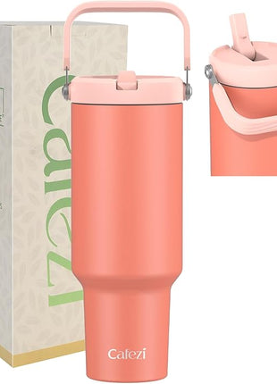 40 oz Tumbler with Handle and Straw, Vacuum Insulated Tumblers with Flip Straw and Top Handle, Reusable Insulated Cup for Home, Outdoors, Leakproof, Fits in Cup Holder, Cold for 30 Hours