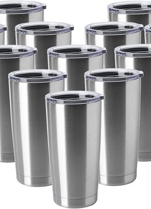 HASLE OUTFITTERS 20oz Tumblers Stainless Steel Mugs with Lid Double Wall Vacuum Insulated Coffee Cups for Cold & Hot Drinks (20oz-Stainless Steel, 12 Pack)