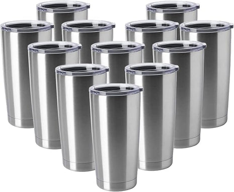 HASLE OUTFITTERS 20oz Tumblers Stainless Steel Mugs with Lid Double Wall Vacuum Insulated Coffee Cups for Cold & Hot Drinks (20oz-Stainless Steel, 12 Pack)