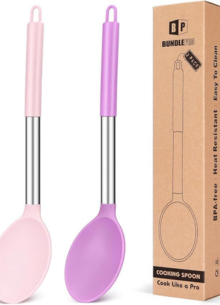 Pack of 2 Large Silicone Cooking Spoon Non Stick Solid Basting Spoons Heat-Resistant Kitchen Utensils for Mixing Serving (Pink-Purple)