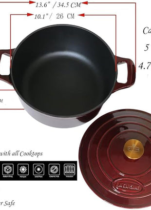 La Cuisine Enameled Cast Iron Dutch Oven Casserole Dish Pot with Lid, 5 QT 10.3“ /26cm Dia. Internal Matte Black Enamel Coating Gold-Plated SS Lid Handle Oven Safe up to 500° F, Cranberry
