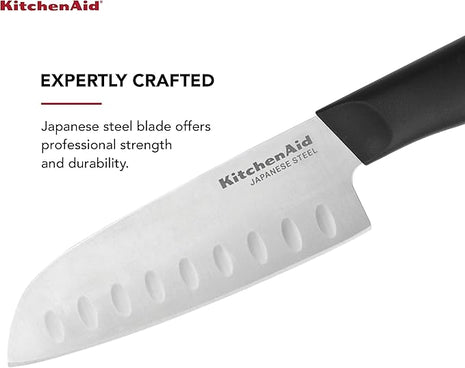KitchenAid Classic Santoku Knife with Custom-Fit Blade Cover, 5-inch, Sharp Kitchen Knife, High-Carbon Japanese Stainless Steel Blade, Black