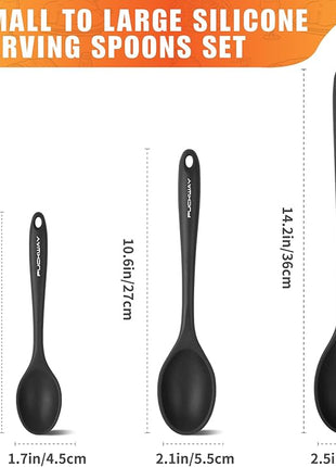 3 Pcs Silicone Spoons Set of 7.9 10.6 14.2 inch for Cooking, Heat Resistant Kitchen Spoons for Mixing, Stirring, and Serving, Small to Large Non Stick (Black)