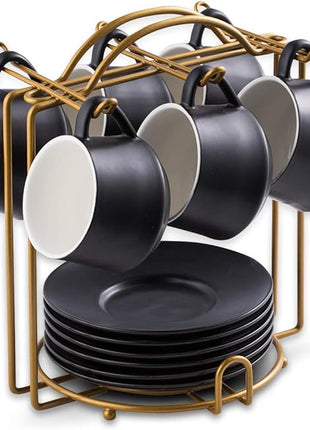 YHOSSEUN Ceramic Espresso Cups Set of 6, 4 Oz Expresso Shots Cup with Stand & Saucers, Small Coffee Espresso Cup Demitasse Cups, Black