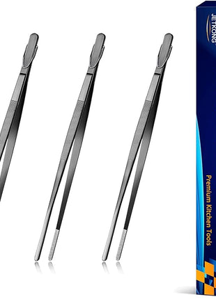 JETKONG 9-Inch Serving Tweezer Tongs Kitchen Tweezers Stainless Steel Cooking Tweezers, Set of 3 (9 9 9 Inch, Black)