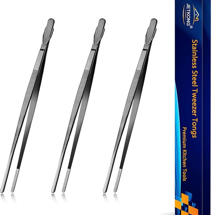 JETKONG 9-Inch Serving Tweezer Tongs Kitchen Tweezers Stainless Steel Cooking Tweezers, Set of 3 (9 9 9 Inch, Black)