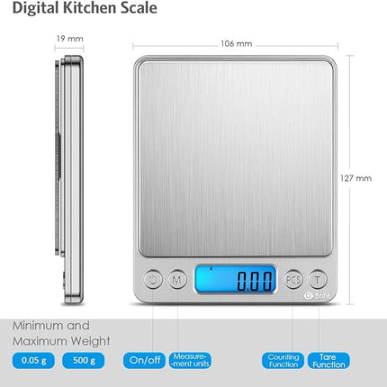 (New) AMIR Digital Kitchen Scale, 500g/ 0.01g Mini Pocket Jewelry Scale, 100g Calibration Weight, Cooking Food Scale, Back-Lit LCD Display, 2 Trays, 6 Units, Auto Off, Tare, PCS, Stainless Steel