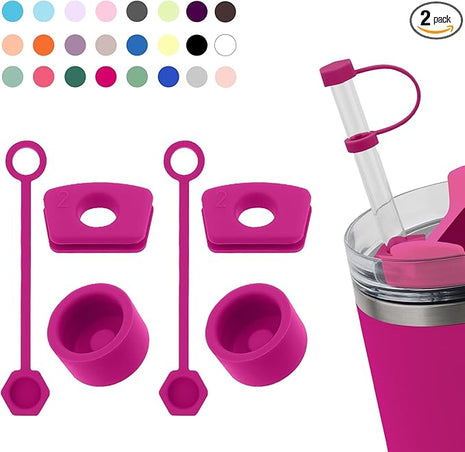 Silicone Spill Stopper Set for Tumbler Cup 2.0 30oz & 40oz with Straw Cover (Set of 2, Fuchsia)
