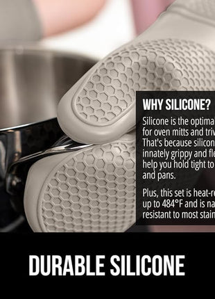 GORILLA GRIP BPA-Free Soft Silicone Oven Mitts and Pot Holders Sets of 4, Heat Resistant Waterproof Cooking Gloves, Thick Cotton Lining, Flexible Gripping for Baking Grilling, Kitchen Trivets, Almond