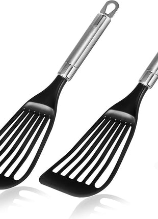 KSENDALO Fish Spatula for Nonstick Pans 2-Pack - Thin Turner for Eggs & Fish | LFGB Nylon, 10,000+ Reviews | Dishwasher Safe