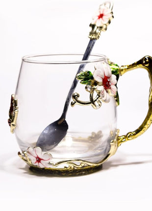 Handicraft Crystal Glass 3D Flower Cups Tea Mug With Tea Spoon Women Coffee, Tea, Juice, Beer, Milk Hot And Cold Drinks Use Gift Package. (Short Red)