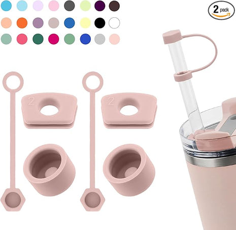 Silicone Spill Stopper Set Compatible with Stanley Cup 2.0 30oz & 40oz with Straw Cover (Set of 2, Pink Dusk)