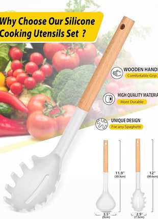 Silicone Pasta Fork and Ladle Spoon Set with Wooden Handle, Heat Resistant Non Stick Kitchen Utensils for Cooking, Stirring, Serving Spaghetti, Soup, Sauce(WHITE)