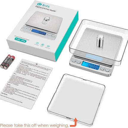 (New) AMIR Digital Kitchen Scale, 500g/ 0.01g Mini Pocket Jewelry Scale, 100g Calibration Weight, Cooking Food Scale, Back-Lit LCD Display, 2 Trays, 6 Units, Auto Off, Tare, PCS, Stainless Steel
