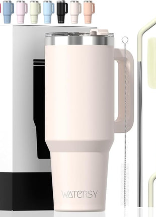40 oz Tumbler with Handle,Tumbler with Lid and Straw,Double Wall Insulated Cup Stainless Steel Travel Mug(Cold for 34 Hours),Water Bottle for Iced Tea,Coffee,Cold Beverages(Ivory Beige)