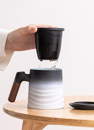 ZENS Tea Cup with Infuser and Lid, Wood Handle Loose Steeper Mug, 12 Ounces Matte Gradient Embossed Ceramic Stainer Mug for Tea Gifts, Black & White