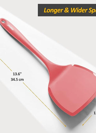 Silicone Pancake Spatula Turner with Lengthened Handle& Seamless Design, Heat Resistant Cooking Spatulas for Nonstick Cookware, Large Flexible Kitchen Utensils, Flipper for Egg, Pancake, Burger, Red