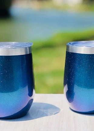 CHILLOUT LIFE 12 oz Stainless Steel Wine Tumblers 2 Pack - Double Wall Vacuum Insulated Wine Glasses Cups with Lids and Straws Set Keeping Cold & Hot for Coffee, Beer, Ice Cream - Blue Sparkle
