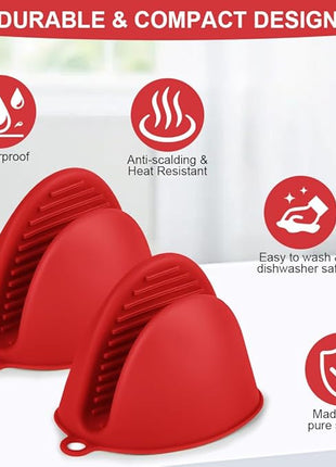 AUAUY 1 Pair Mini Silicone Oven Mitts, Heat Resistant Pot Holders Mitts, Cute Oven Pinch Grip Gloves, Small Potholders for Kitchen, Air Fryer Mitts Pair for Cooking, Baking and Grilling (Red)