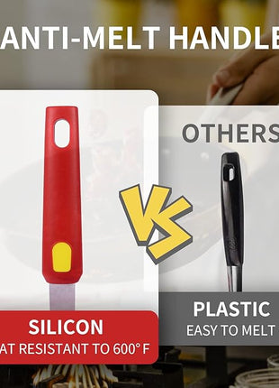 Silicone Spatula Turner Heat Resistant 600°F 3 Piece Set Non Scratch Flexible Slotted and Solid Thin Rubber Spatula Flipper for Cooking Pancake,Egg,Fish,Burger,Steak for Nonstick Cookware,Red