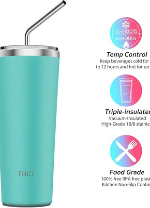 THILY Tumbler Vacuum Insulated Travel Mug 26 oz Coffee Cup with Lids and Straws, Reusable, Splash-Proof, Powder Coated, Keep Ice Drinks Cold, Teal