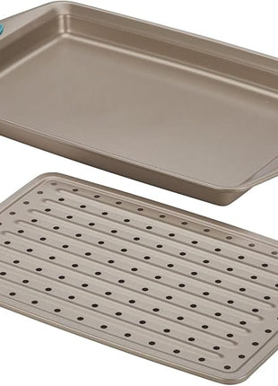 Rachael Ray Cucina Nonstick Bakeware Set with Grips, Nonstick Cookie Sheet / Baking Sheet and Crisper Pan - 2 Piece, Latte Brown with Agave Blue Handle Grips