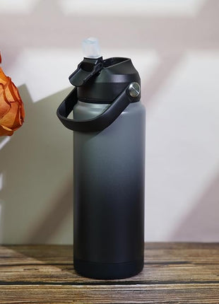 BJPKPK Water Bottle with Straw Lid, 32oz Vacuum Insulated Water Bottles, Metal Stainless Steel Thermo for Sports, Travel, BPA Free Leak Proof Thermo, Cups, Flasks, Tumblers,Black Grey