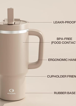ENCOOL 32 oz Tumbler with Handle and Straw: Stainless Steel Insulated Tumbler Keeps Cold for 24 Hours, Leakproof Travel Cup Fits in Cup Holder and BPA-Free,Raw Umber