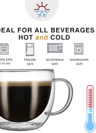 CNGLASS 8oz Double Wall Glass Coffee Mugs,Clear Insulated Espresso Glass Mugs with Handle for Latte,Cappuccino,Coffee,Set of 4