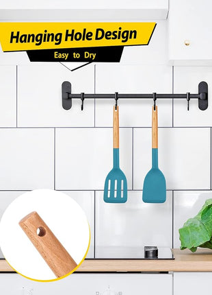 Pack of 2 Silicone Cooking Spatula, Heat Resistant Solid Turner, Non Stick Slotted Spatulas with Wooden Short Handle,Ideal Wood Kitchen Utensils Set for Frying, Baking, Flipping, Turning