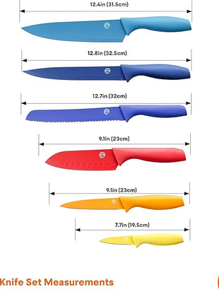 MasterChef Kitchen Knives Set with Covers incl. Paring, Boning, Carving, Bread, Santoku & Chef Knife, Sharp Cutting Stainless Steel Blades with Sheaths, 12 Piece (6 Colored Knives & 6 Covers)